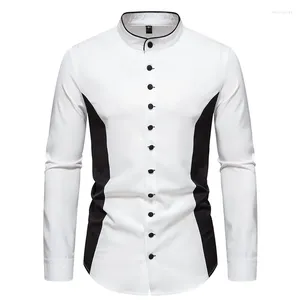 Men's Casual Shirts Black White Patchwork Long Sleeve Henley Shirt Men Banded Mandarin Collar Dress Business