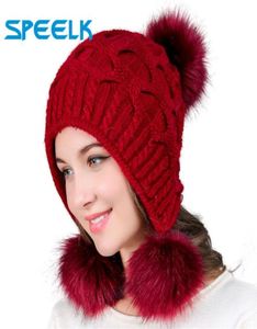 BeanieSkull Caps Women Hats Autumn Winter Wool Beanies Hat Three Hair Ball Back Open Knit Double Thick Fur Bonnet Beanie Cap9738693