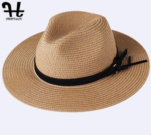 FURTALK Летняя соломенная шляпа для женщин, пляжная шляпа, мужская джазовая панама, шляпа Fedora с широкими полями, солнцезащитная кепка с кожаным ремнем Y2006029717076