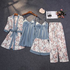 Sexy Pyjamas 1 4 5pcs Silk like Robe Sleep Suit Womens Lace Satin Pajamas Gown Set V Neck Cami Nighties Wear Pijama Home Nightwear Nightdress 231211