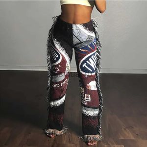 Calças femininas capris 2023 moda y2k streetwear cintura elástica calças de corpo outono impresso borlas calças casuais tendência roupas para mulher j231211