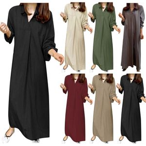 Casual Dresses Women's Lapel Long Shirt Kjol Elegant Intellektuell fast färg Löst Vestidos V-ringning A-Line Flax Vacation Beach Dress