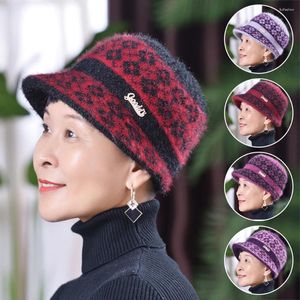 Visors Winter Autumn Elegant Flowers Old Lady Hat Short Brim Knitted Beanies Caps Windproof Warm Women Mom