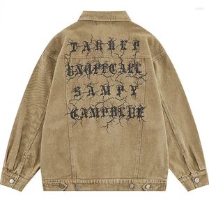 Herrjackor denim Bomber Jacket Streetwear Hip Hop Vintage Letter Print Cowboy Ejressed Wash Jeans Coat 2023 Retro Casual Cotton