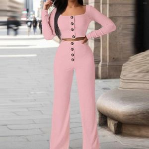 Kvinnors tvåbitar byxor Kvinnor Spring Fashion Casual Suit Solid Colors Square Neck Långärmad Slim Fit Blouse -knapp raka byxor Set