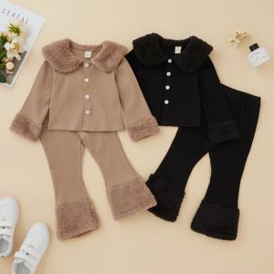 Conjuntos de roupas Criança Bebê Meninas Tricotadas Tracksuits Casual Outono Inverno Lapela Botão Mangas Compridas Jaqueta Calças Crianças Outwear Set 231211