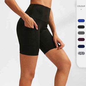 Mulheres cintura alta yoga shorts bolso inclinado correndo treinamento rápido seco apertado estiramento moda fiess leggings treino casual calças de ginásio 688ss