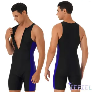 Men's Swimwear Men One-piece Bodysuit Sleeveless Front Zipper Shorts Jumpsuit Triathlon Wetsuit Beach Pool Swimming Bathing Suit XXL