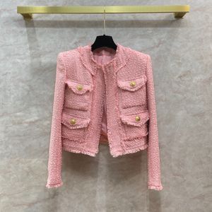 핑크/흰색 짧은 코트 디자이너 금속 버튼 포켓 깡통 여자 재킷 밀라노 활주로 코트 1211097
