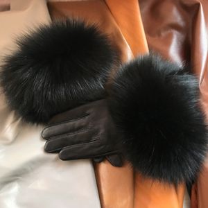 Five Fingers Gloves Wholesale Fox Fur Gloves Winter Female Luxury Style Warm Sheepskin Genuine Leather Gloves Driving Thickening Mitten 231115