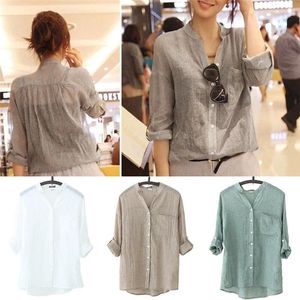 Women's Blouses L/XL/XXL Round Neck Tunic Blouse Tops Office Casual Long Sleeve Loose Button Trim S/M/ Solid Color