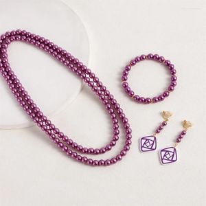 Necklace Earrings Set Cosplay Jewelry For Women Purple Beaded Pendant Necklace/Bracelet Princess Theme Clavicle Chain Handcrafted Choker