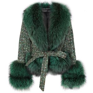 Женское твидовое пальто из искусственного меха YOLOAgain, осень 2023, натуральный воротник, объемное твидовое пальто, женская элегантная куртка с поясом, женская верхняя одежда 231211