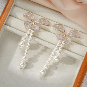 Dangle Earrings Super Luxury Wedding Long Beautiful Butterfly Design Paved CZ with Gradient Pearl Pendant Drop Earring花嫁の宝石