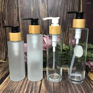 Storage Bottles 100ml Frosted Glass Spray Bottle Bamboo Lotion With Black Pump Cap Shampoo Skin Care Clear Jar