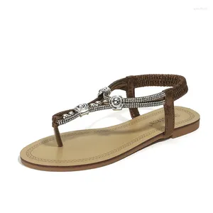 Scarpe eleganti Qianshuyi 2024 Arrivo estivo Elegante bronzo strass Bohemian Slip-On sandali con zeppa Casual stile spiaggia