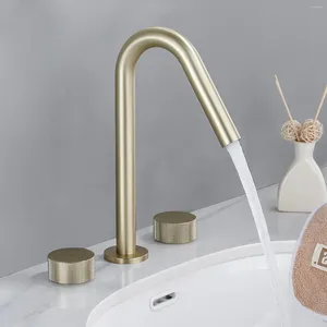 Bathroom Sink Faucets Top Quality Faucet 3 Holes Brass 2 Handles Widespread Modern Brushed Gold
