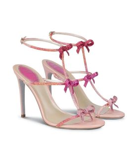 Top Luxury Summer Rene Caterina Sandálias Sapatos para Mulheres Cristal Strappy Lady Gladiator Sandalias Perfeito Salto Alto Nupcial Casamento Bridals EU35-43