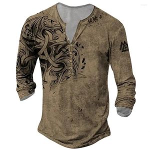 Men's T Shirts Vintage V-Neck Long Sleeve Shirt For Men Polyester Print Knigth Henley Street Hip Hop Oversized Tee Clothing