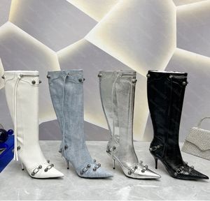 Cagole 9omm Boots Designer Paris Women Boots Luxury Leather Black White Silver Calfskin Top-kvalitet High Heel Cowboy Motorcykelstövlar Storlek 35-41