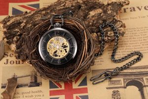 Relógios de bolso de luxo preto relógio vintage mão-vento mecânico steampunk masculino numerais romanos relógio com corrente fob reloj hombre