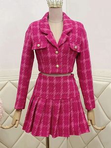 Two Piece Dress Fall Small Fragrance Vintage Tweed Two Piece Set Women Crop Top Woolen Short Jacket Coat Mini Skirts Sets Sweet 2 Piece Suits 231211