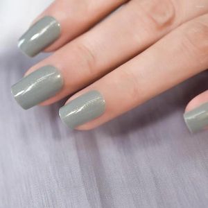 False Nails Shiny Glossy Gray Press On Nail Medium Length Square Reusable Acrylic Solid Color Art Tips Fake Fingernails