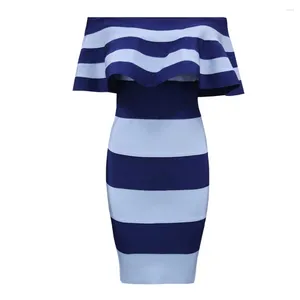 Casual Dresses Elegant Ladies Bandage BodyCon Dress Off the Shoulder Standed Patchwork Elastic High Quality Fashion Woman Blue