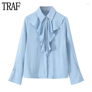 Women's Blouses 2023 Ruffle Blouse Female Blue Button Up Shirts For Women Long Sleeve Office Shirt Autumn Collar And