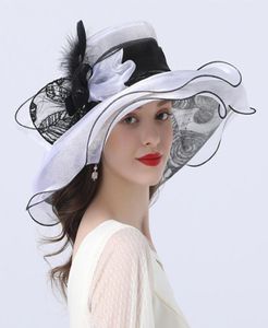 2021 Nieuwe Vrouwen Brede Rand Veer Bloem Zomer Zon Organza Kentucky Derby Tovenaar Elegante Cocktail Party Kerk Bruiloft Hoed Ip49009133