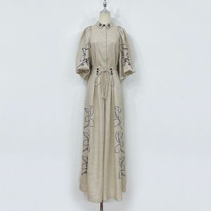 Fashion brand beige linen flower embroidery lapel neck lantern half sleeve shirt wide leg trousers set