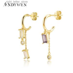 Stud Andywen 925 Sterling Silver Gold Purple Purple Cyrcon Square Cain Drope Earring Luksusowy przebijający rock punkowy nieregularny biżuteria YQ231211