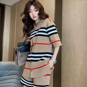 Women S Two Piece Pants CINESSD Summer Lapels Single Breasted Loose Top Fashion Casual Shorts Hollow Striped Contrast Color Knitted