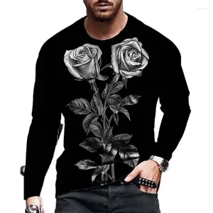 Men's T Shirts European Pretty Rose Picture Men Long Sleeved T-shirt Casual Printed Tees Hip-hop Personality Round Neck Quick-Dry Tops