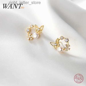 Stud WantMe 925 Sterling Silver Korean Romantic Hollow Farterfly Pearl White Zircon Stud Earrings for Women Charms Party Jewelry Gift YQ231211