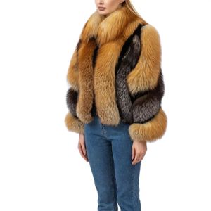 女性の毛皮のフェイクナチュラル革革2023冬の豪華なパッチワークレアルレッドシルバーレックスラビット23A0616女性スリーブジャケット231211