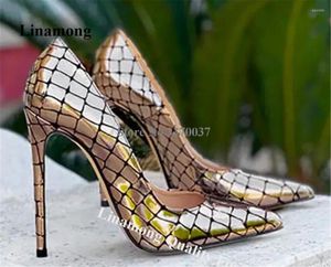 Sapatos de vestido Linentre Gold Silver Checkered Padrão Couro 12cm Bombas Pontiagudas Toe Slip-on Metálico Snakeskin Stiletto Heel Wedding Shoe