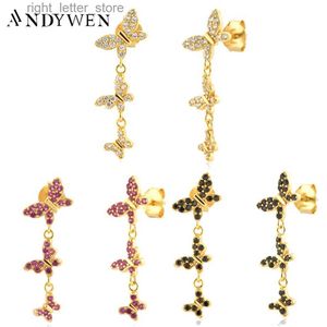 Stud Andywen 925 Sterling Silver Três Borboleta Arco-íris Rosa Vermelho Brinco 2021 Cristal Zircon CZ Piercing Pendiente Festa de Luxo YQ231211