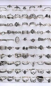 Band Bulk lots 100pcs Antique Silver Plated Multi styles for Women Vintage Ladies Flower Fashion Finger Retro Jewelry 2211259786024