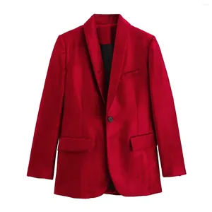 Women's Suits Woman's Red Blazer Elegant Fitted Velvet Jackets Women Chic Long Sleeves In Outerwears Female Lapel Korean Autumn Coats