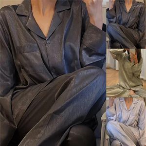 Kadın pijama 2023 Fransız Sıradan Buz İpek İnce Kadınlar Düz Renkli Yakası Yaka Pijama Setleri Longsleeve Uzun Pantolon Homewear Seti