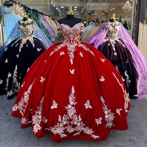 Kırmızı prenses tatlım balo elbisesi quinceanera elbise boncuklu altın aplikler dantel yayı omuz parti elbiseleri vestidos de anos