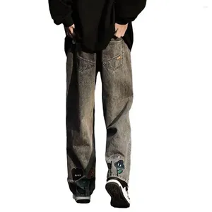 Мужские джинсы с застежкой-молнией, джинсовые брюки, уличная одежда, широкие брюки с мультяшной цветочной вышивкой, эластичная талия, глубокая модная одежда