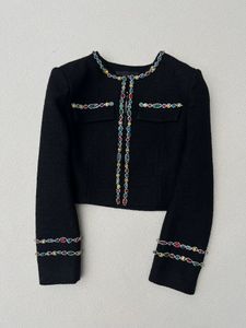 Luxurious Colorful Crystals Short Coats Designer Crew Neck Long Sleeves Short Woolen Women Dresses 1211678