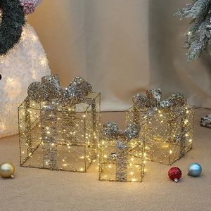 Christmas Decorations Christmas wrought iron Three-piece Gift Box Christmas Tree Ornaments Luminous Iron Art Home Outdoor Christmas Decorations Mall 231207