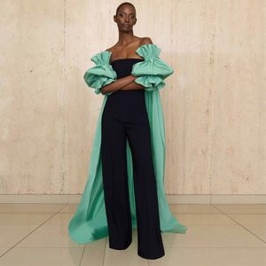 Modest Jumpsuit Evening Dresses with Cape Strapless Floor Length Outfit Ruffled Puff Sleeves Celebrity Party Dress