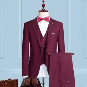 Men's Suits Classic Men Burgundy Slim Fit 3 Pieces Wedding Groom Man Jacket Vest Pants Clothes Tailor-Made