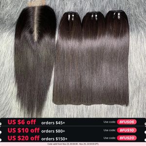 Perucas sintéticas osso reto cabelo humano cru pacotes 100% 12a cabelo humano cru reto natureza preto 3 pacotes com fechamento 2x6 laço Kim K fechamento 231211