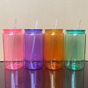 16oz Sublimation Colored Jelly Glass Can with Colored Plastic Lid Sublimation Glass Cups Beer Can Glass Jar Drinking Glasses with Reusable Straw