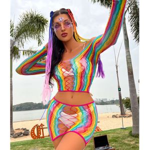 Women Rainbow Beach Wear Sexy Transparent Mini Fishnet Mesh Hollow Out Bodycon Dress Erotic Party Bodysuit sexy